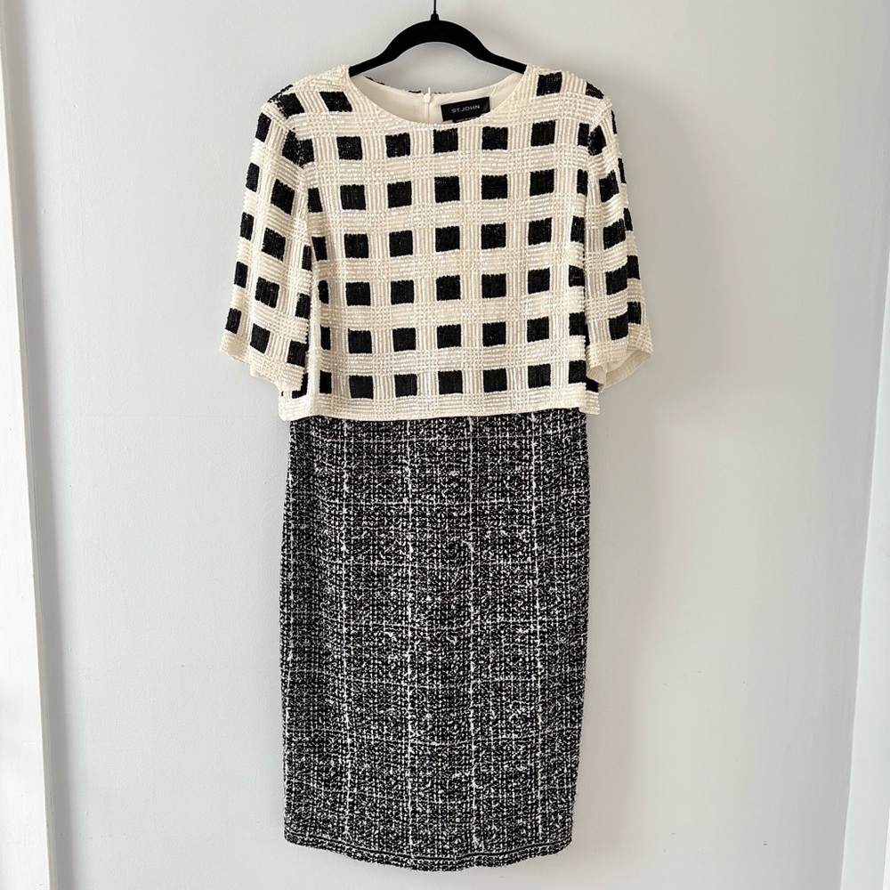 St. John Hand Beading Dress Knee-Length Short-Sleeve Silk Wool Tweed Printed